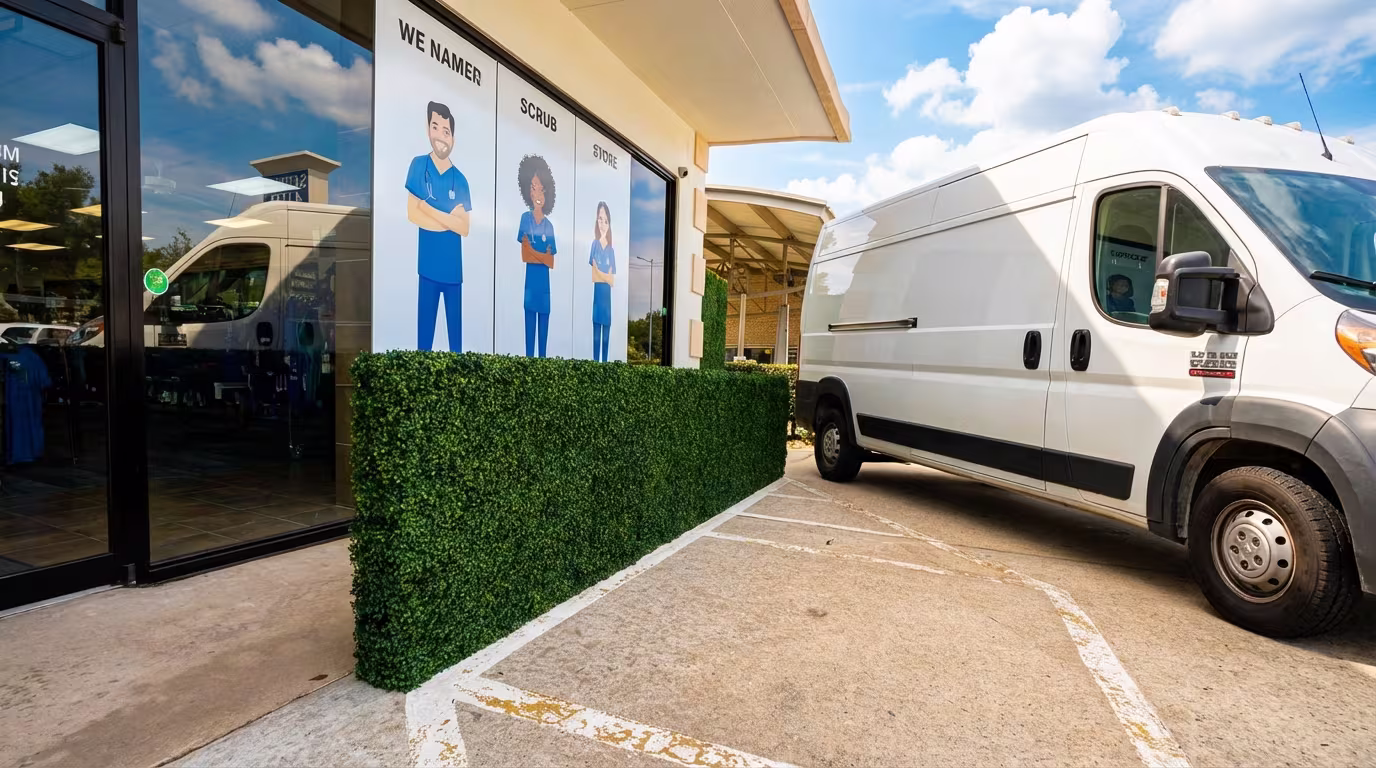 Houston Storefront Hedge Screening Over Existing Concrete Barriers after install 2